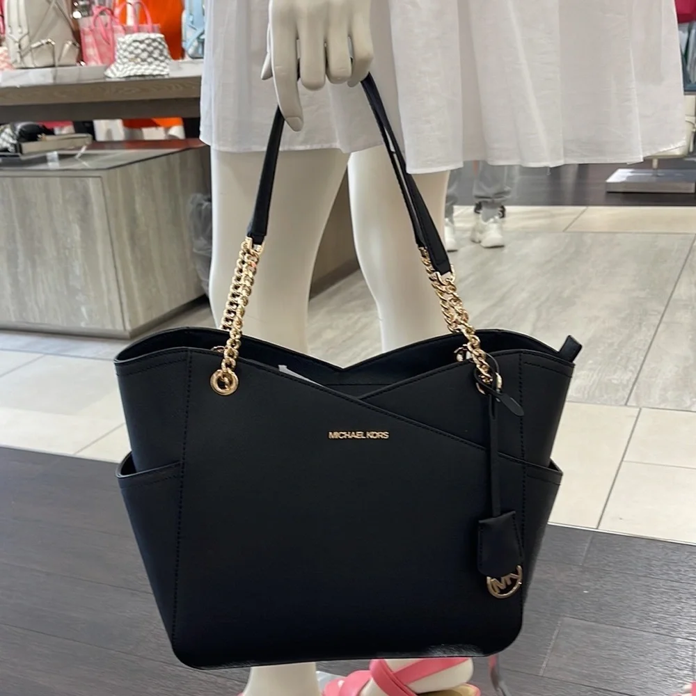 Michael Kors Jet Set Travel Large Chained Tote Shoulder Bag MK Black NWT